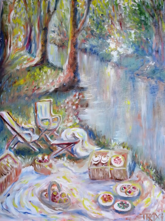 Serene Picnic by the Water – Art Print 印花与版画, 7.9x5.9 in