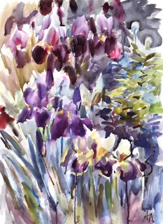 Flowerbed with irises watercolour drawing. Drawing, 21.7x29.5 in