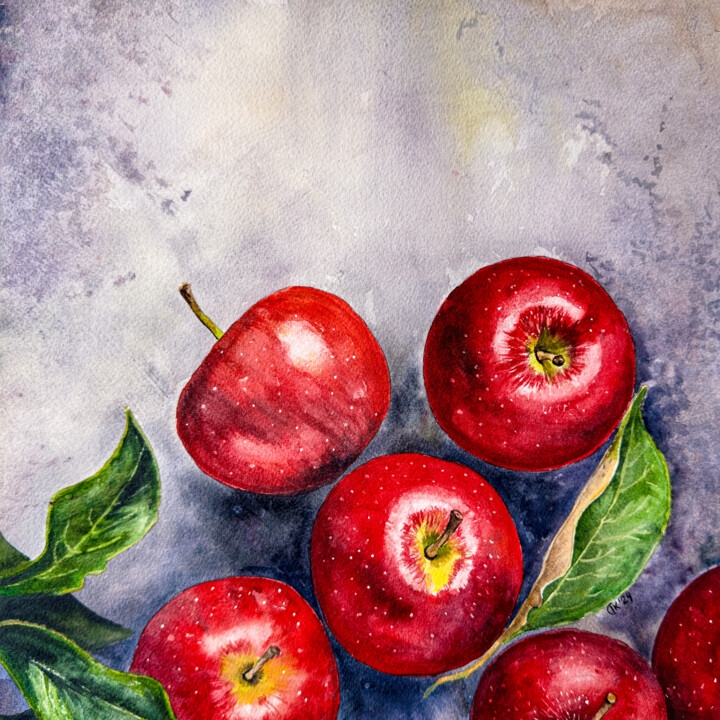 Red Apples on Cement 绘画, 11.8x11.8 in