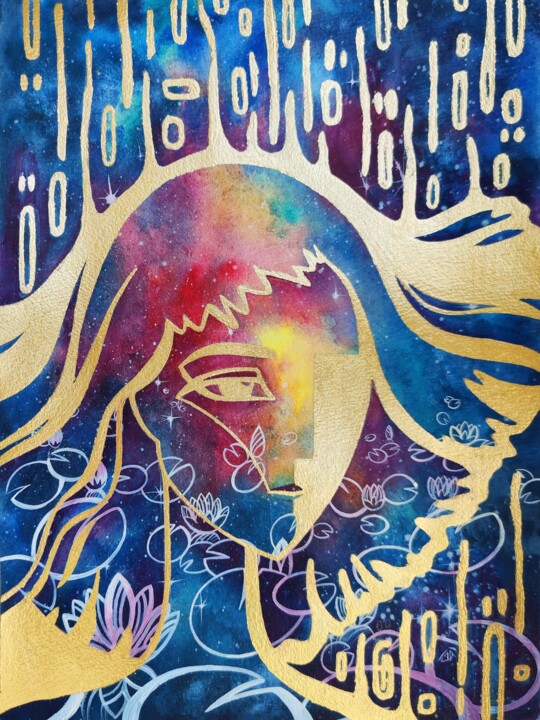 The Ghost of the Cosmic Lotuses, watercolor with gold 绘画, 15.8x11.8 in