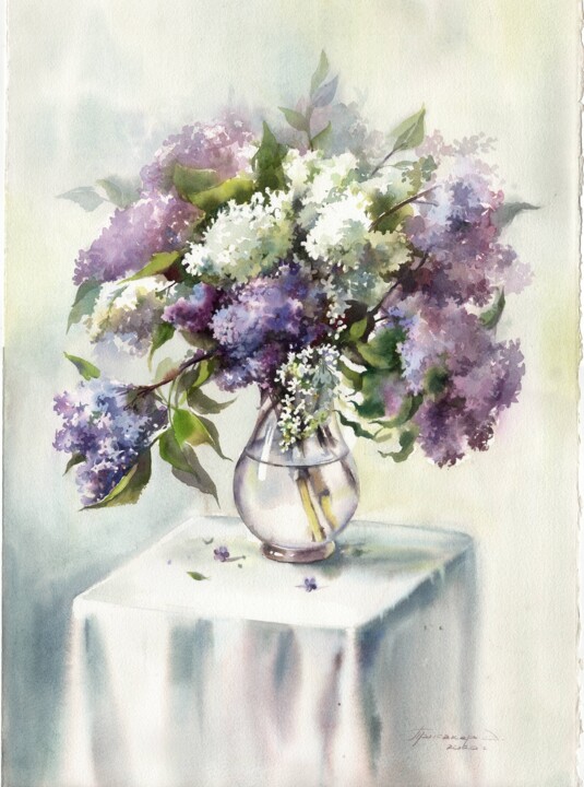 The still life with Lilac . Watercolor painting Tablo, 22,1x15 in