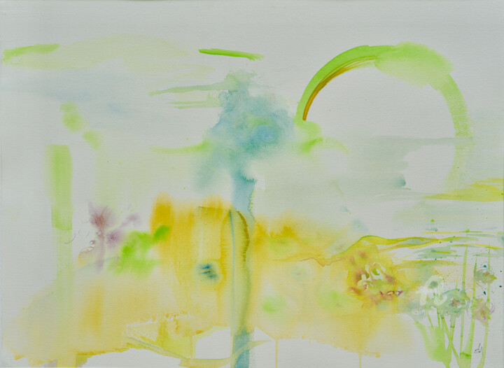 Painting titled "Abstract Green Yell…" by Shobhana Tyroller, Original Artwork, Watercolor