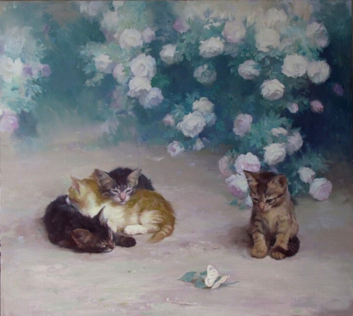 White Rose. Kittens Painting 绘画, 31.5x39.4 in