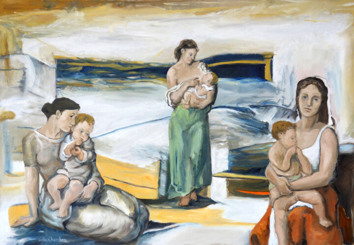 Peinture intitulée "Hymne à la maternité" par Gilles Chambon, Œuvre d'art originale, Huile Monté sur Châssis en bois