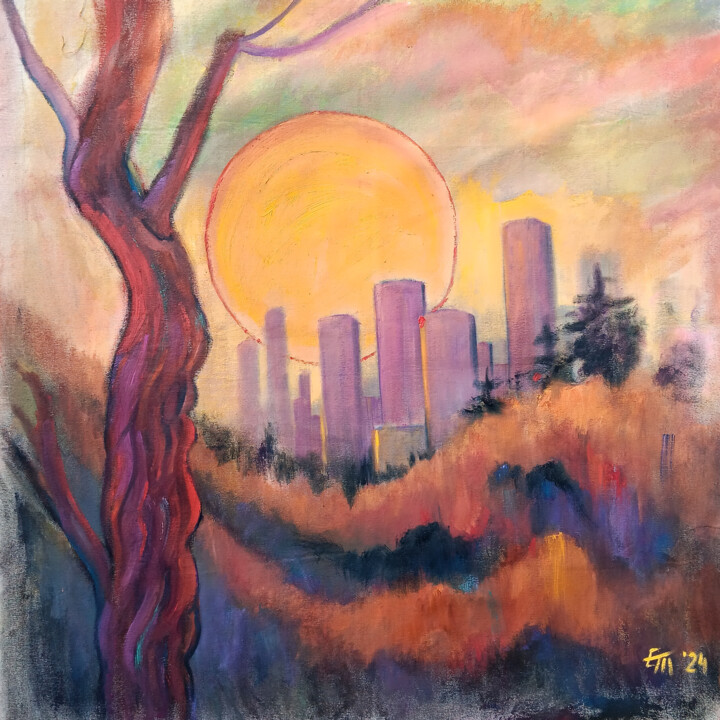 Urban Cityscape Sunset - Vintage Style 绘画, 38.6x35.8 in