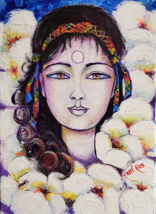 Peinture intitulée "Fleur de coton" par Mahé Ros, Œuvre d'art originale, Acrylique Monté sur Châssis en bois