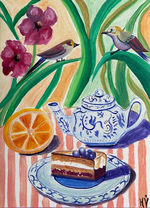 Nostalgic Tea-Time Oil Painting | Vintage Charm with Floral 绘画, 11x8.3 in