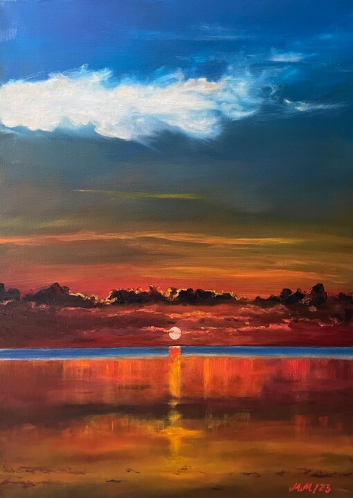 Painting titled "Sunset over the Oce…" by Maria Marikina, Original Artwork, Oil Mounted on Wood Stretcher frame