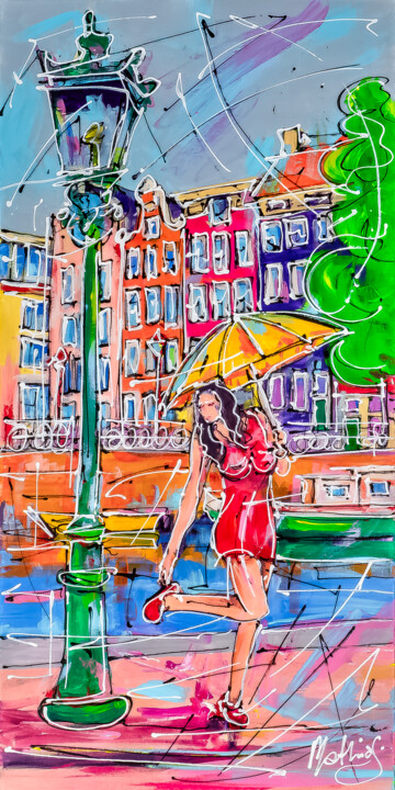 Street of Amsterdam, girl with yellow umbrella 绘画, 39.4x19.7 in