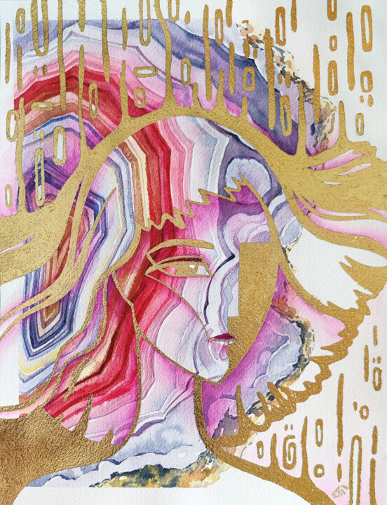 Agate, watercolor with gold foil on watercolor paper 绘画, 12.2x9.1 in