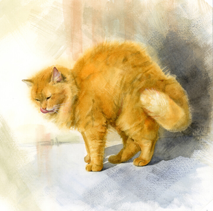 Ginger cat after lunch 绘画, 8.3x8.3 in