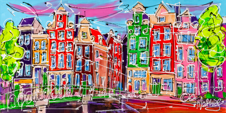 Canal of Amsterdam, colored houses and bridge 绘画, 15.8x31.5 in