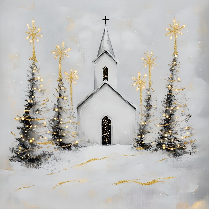 Winter Art of Snowy White Church with Golden Stars 数字艺术