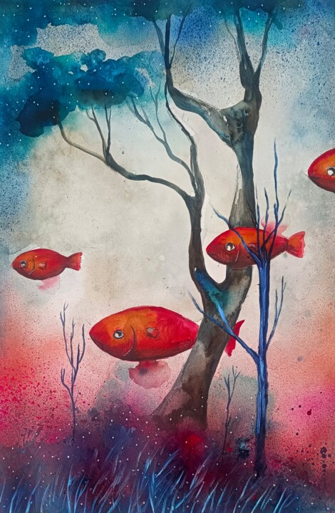 Painting titled "Oltre l'orizzonte a…" by Evgenia Smirnova, Original Artwork, Watercolor