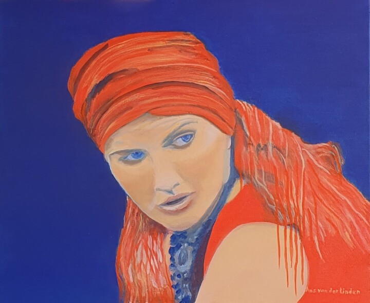 Painting titled "Portrait in orange…" by Ans Van Der Linden, Original Artwork, Oil
