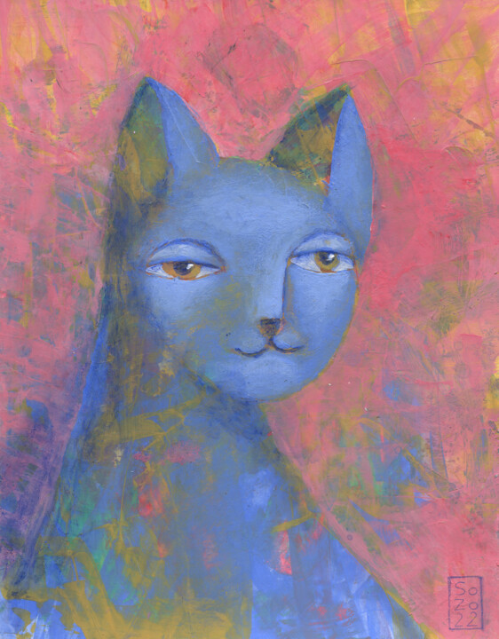 The Serene Gaze of the Blue Cat 绘画, 7.9x5.9 in