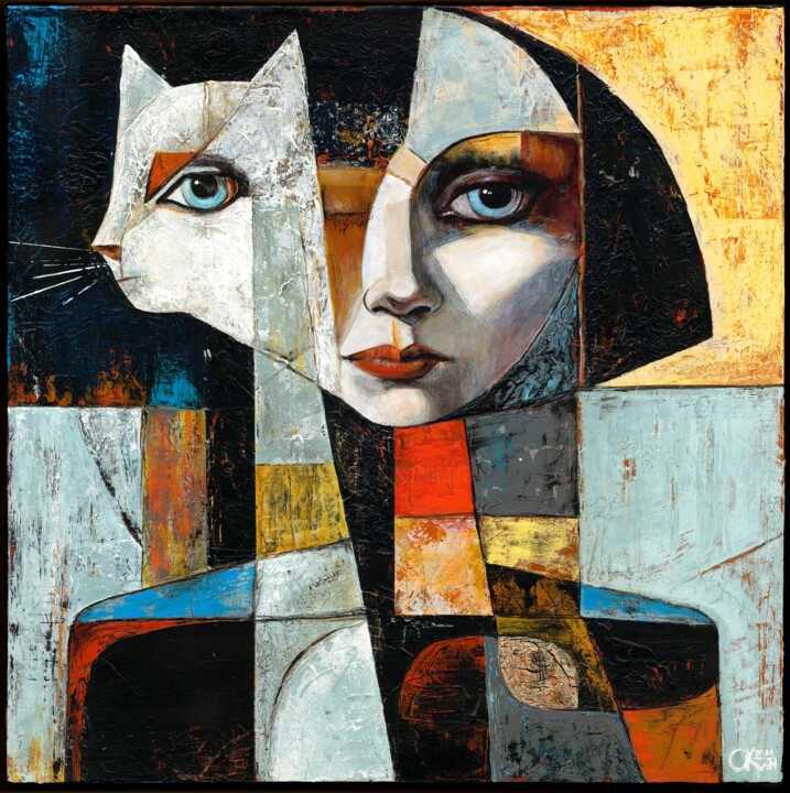 Whimsical Muse. Woman with Cat 绘画, 19.7x19.7 in