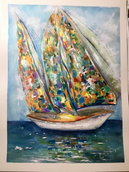 Sun boat original watercolour painting 绘画, 11.8x7.9 in
