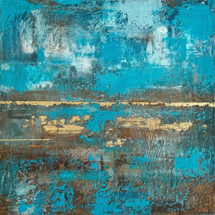 Golden Horizon Line, Textured abstraction with gold 绘画, 31.5x31.5 in