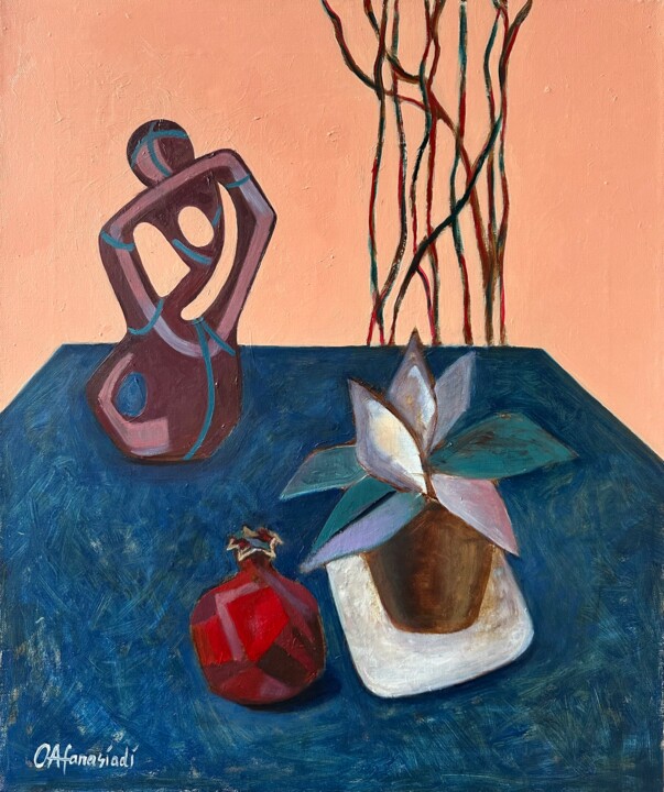 Painting titled "Stillife with pomeg…" by Olga Afanasiadi, Original Artwork, Oil Mounted on Wood Stretcher frame