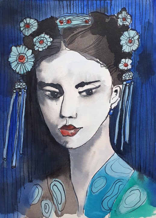 Chinese girl, black ink drawing 绘画, 10.6x7.5 in
