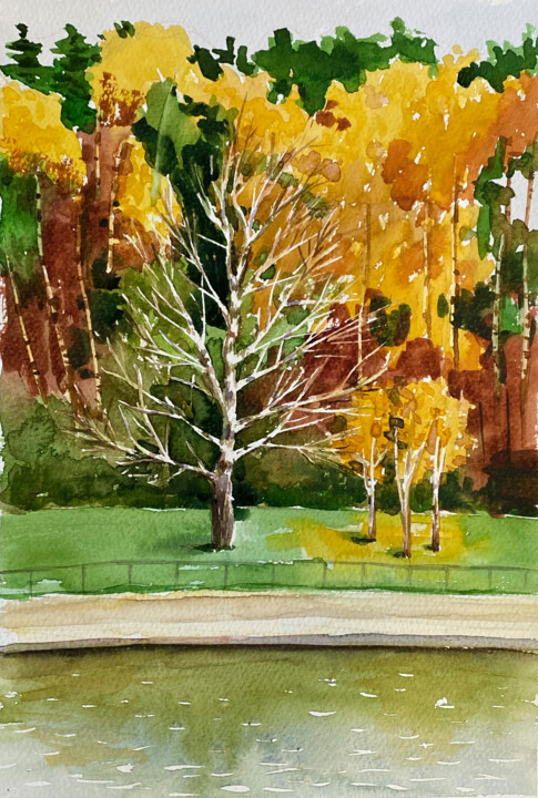 Golden Autumn Reflections – A Serene Watercolor Landscape 绘画, 12.1x8.2 in
