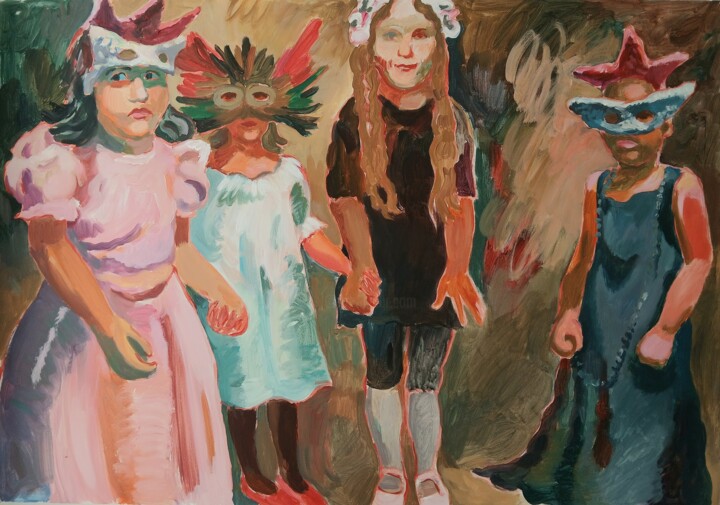 Birthday party,children in masks Pittura, 27,6x39,4 in