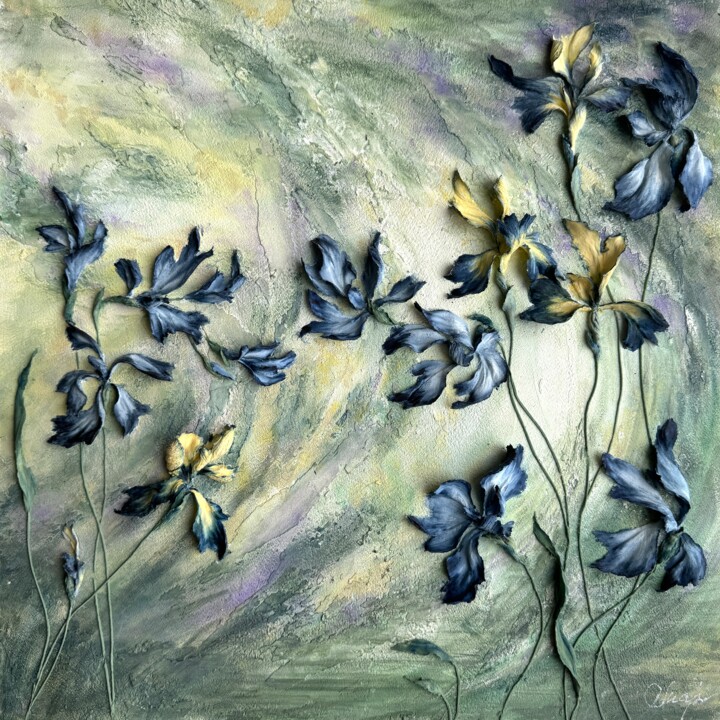 Dance of blue and yellow flowers in the wind Painting, 19.7x19.7 in