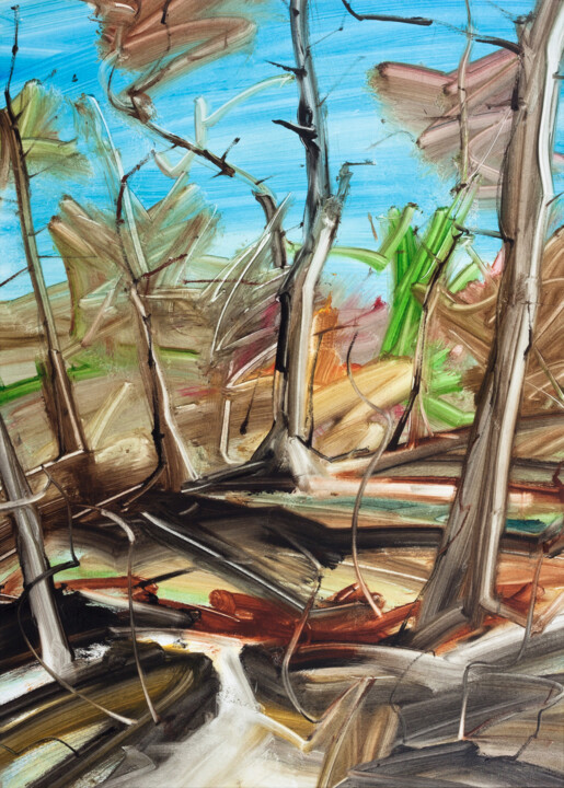 Painting titled "Green and blue in t…" by Simone Romani, Original Artwork, Oil Mounted on Wood Stretcher frame