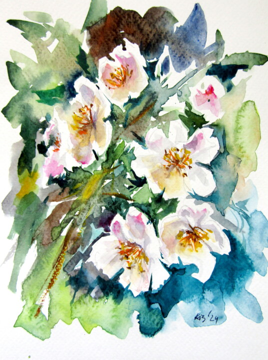 Painting titled "Spring florals II" by Anna Brigitta Kovacs (KAB), Original Artwork, Watercolor