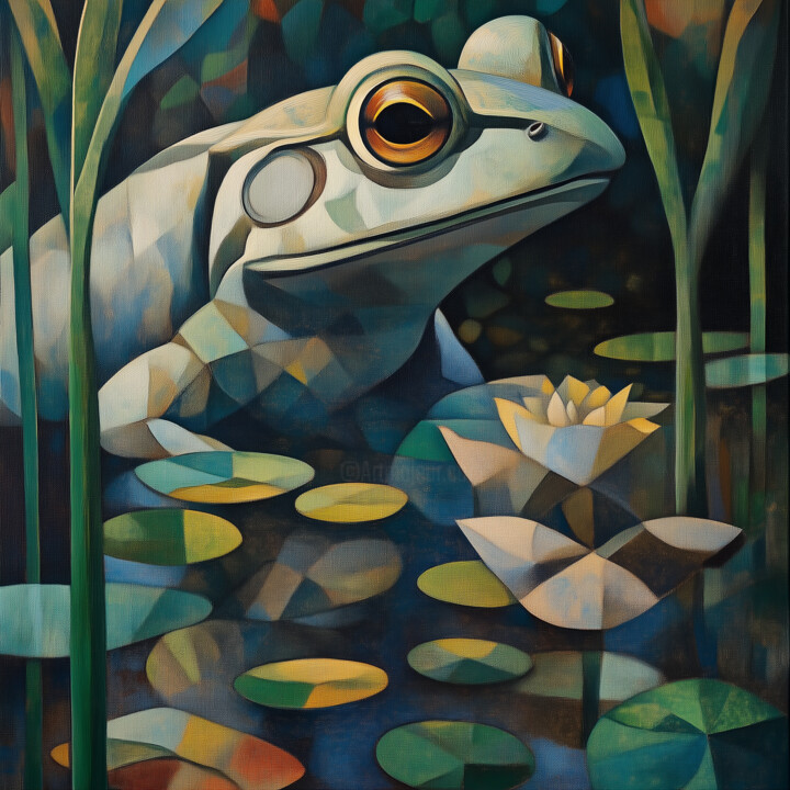 Serene Reflections: Frog with Lily in Cubist Abstraction 数字艺术