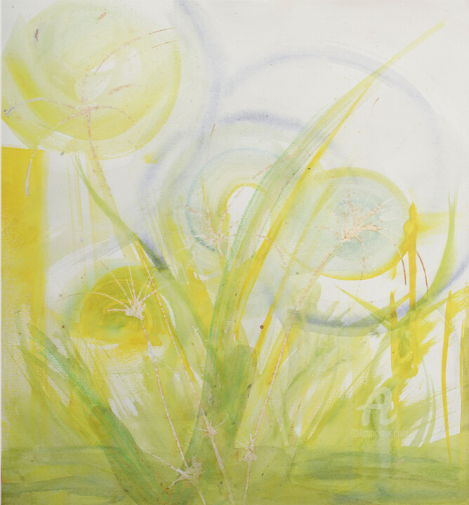 Painting titled "Yellow Circle" by Shobhana Tyroller, Original Artwork, Watercolor