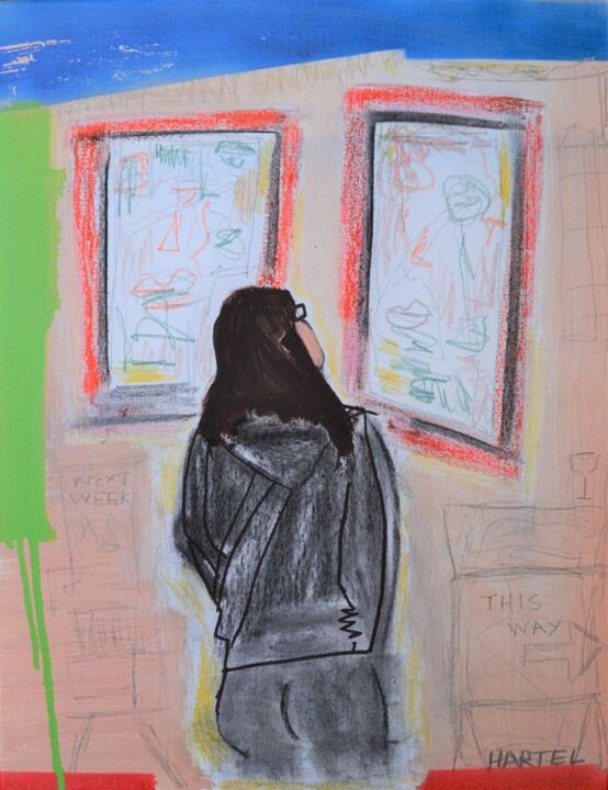 Painting titled "Girl at Art Show" by Paul Hartel, Original Artwork, Acrylic Mounted on Wood Stretcher frame