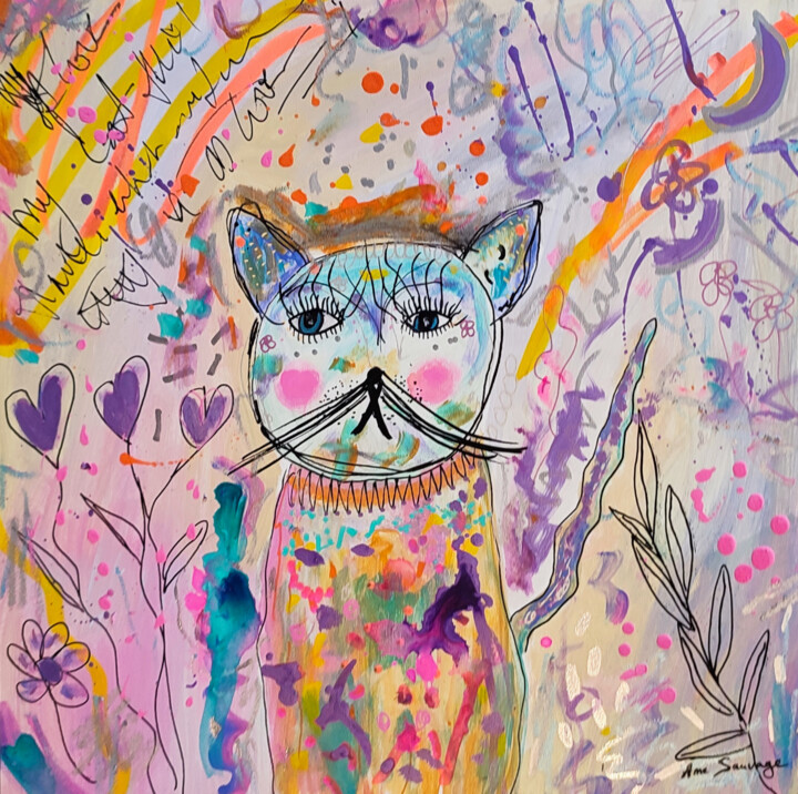 Le penseur - peinture abstraite chat 绘画, 11.8x11.8 in