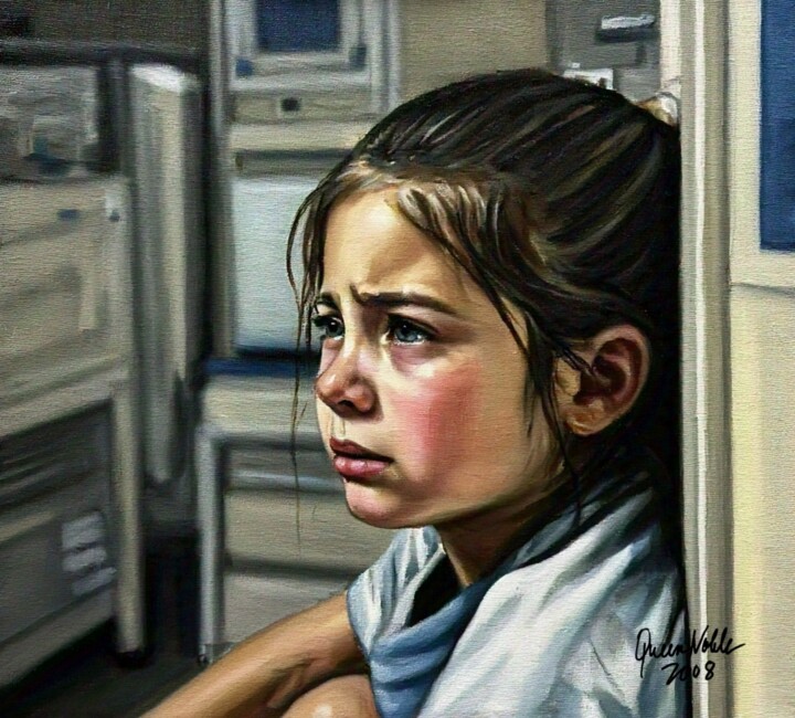 Painting titled "A Child Is Calling…" by Queennoble, Original Artwork, Oil Mounted on Wood Stretcher frame