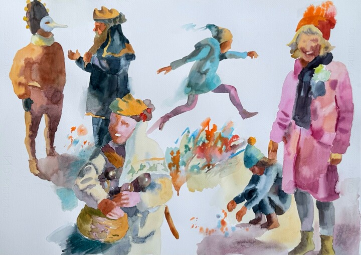 Carnival in Basel, vibrant celebration, masks Картина, 19,7x27,6 in