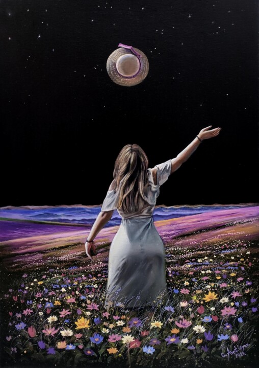 Painting titled "Under a Midnight Sky" by Garik Avetisyan, Original Artwork, Oil Mounted on Wood Stretcher frame