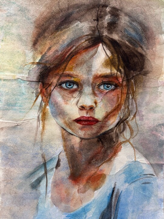 Painting titled "Портрет девочки" by Mikhailova, Original Artwork, Watercolor