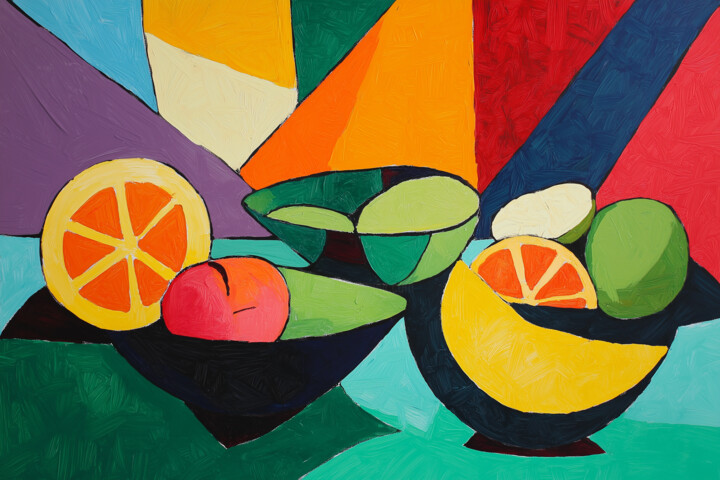 Geometric Taste: An Expressive Oil Still Life with Fruits 绘画, 7.9x11.8 in