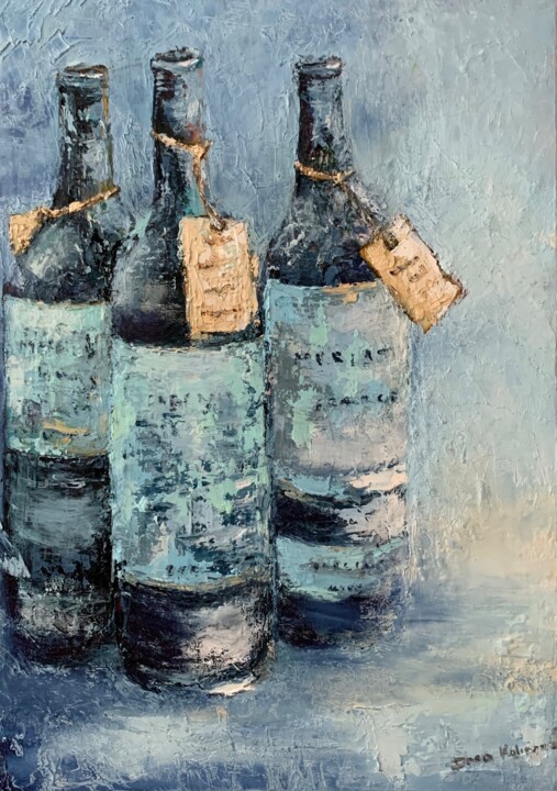 Blue Allure of Wine Bottles 绘画, 19.7x13.8 in