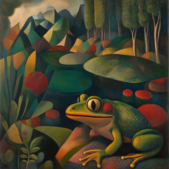 Serene Abundance: Frog in a Cubist Habitat 数字艺术