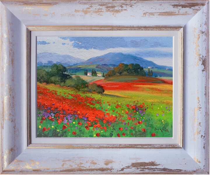 Countryside with flowers - Tuscany landscape & frame Schilderij, 11,8x15,8 in