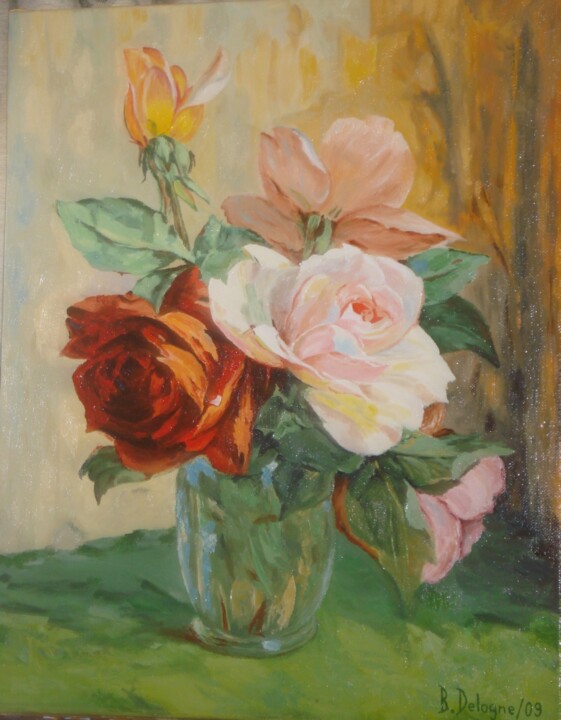 Peinture intitulée "BOUQUET DE 5 ROSES" par Bertrand Delogne, Œuvre d'art originale, Huile Monté sur Châssis en bois
