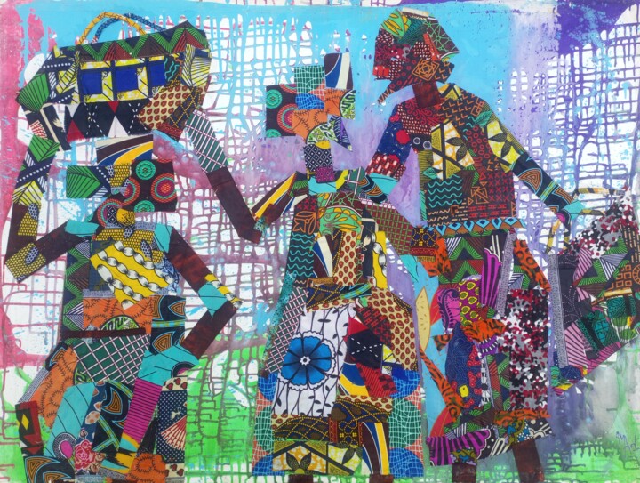 African women elegance in a walk through the city painting, Collages, 35,4x47,2 in