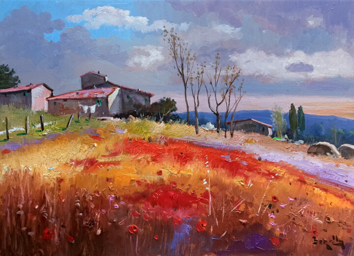 Last lights - Tuscany landscape painting Painting, 15.4x20.9 in
