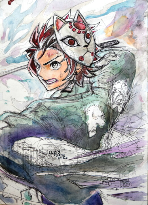 Watercolor interpretation of Tanjiro 图画, 9.5x13 in