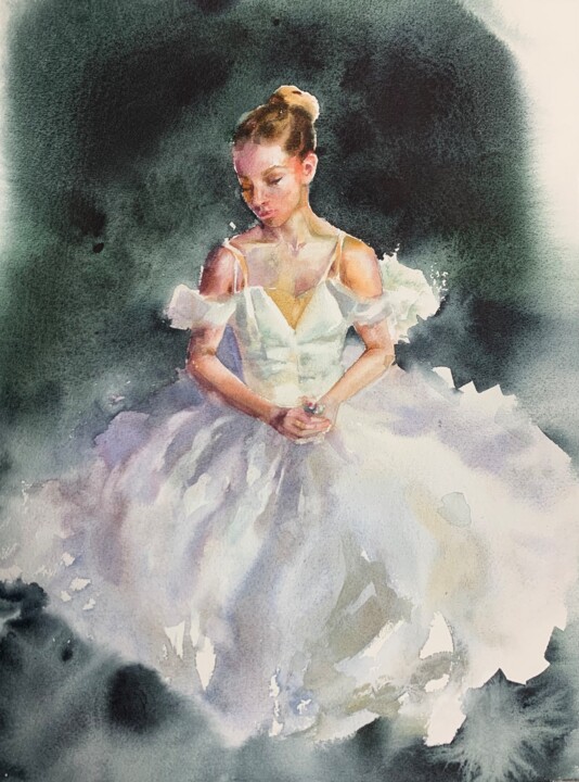 “Ballerina on a green background” 绘画, 15.8x11.8 in