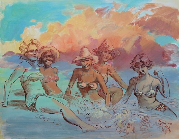 Cloud 9, bathing girls in vintage clothing on the sunset Картина, 27,6x39,4 in