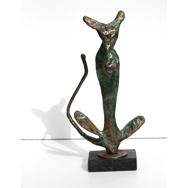 Sculpture inspirée du Chat du Rabbin, patine verte Sculptuur, 12,2x7,1 in