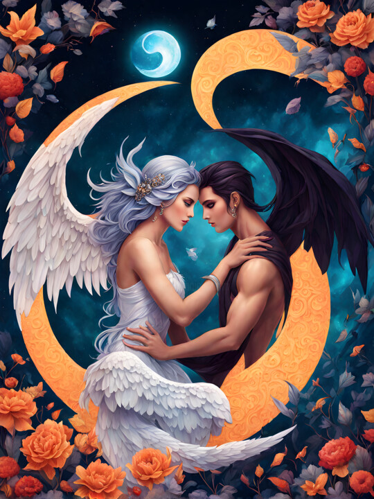 Arts numériques intitulée "Couple d'une Ange e…" par Frraincky, Œuvre d'art originale, Image générée par l'IA